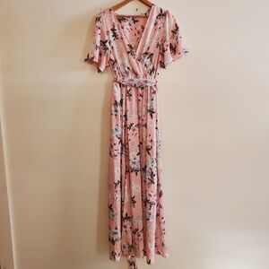 Baltic Born Antique Roses Pink Maxi Dress Flutter Sleeve Belt Size Medium